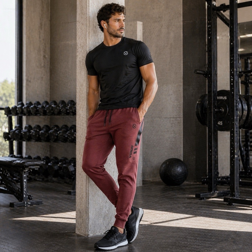 Virus IconX Joggers Men Large Burgundy Tapered Athletic Track‎ Pants Zip Casual